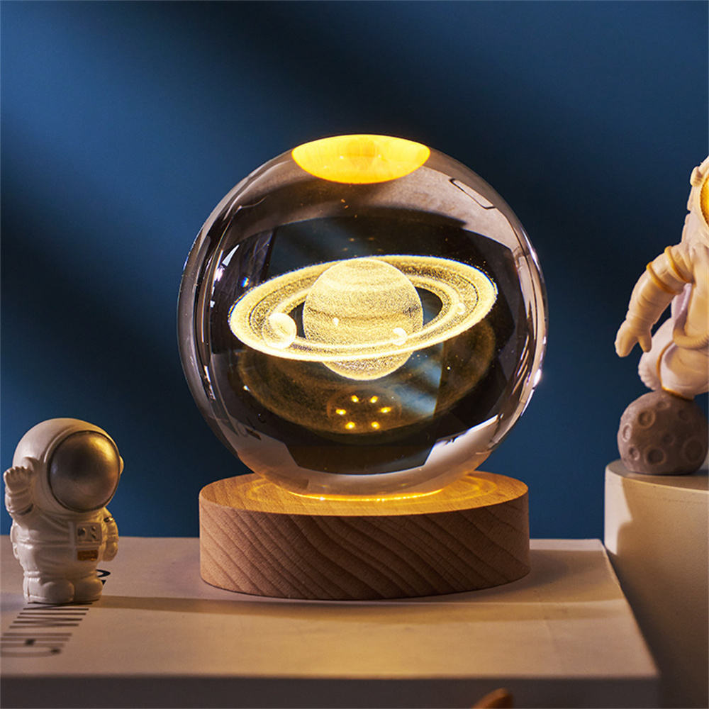 Small Night Lights Wooden Led Light Base Crystal Glass 3d Ball Night Table Moon Raining Cloud Lamp For Home Decoration