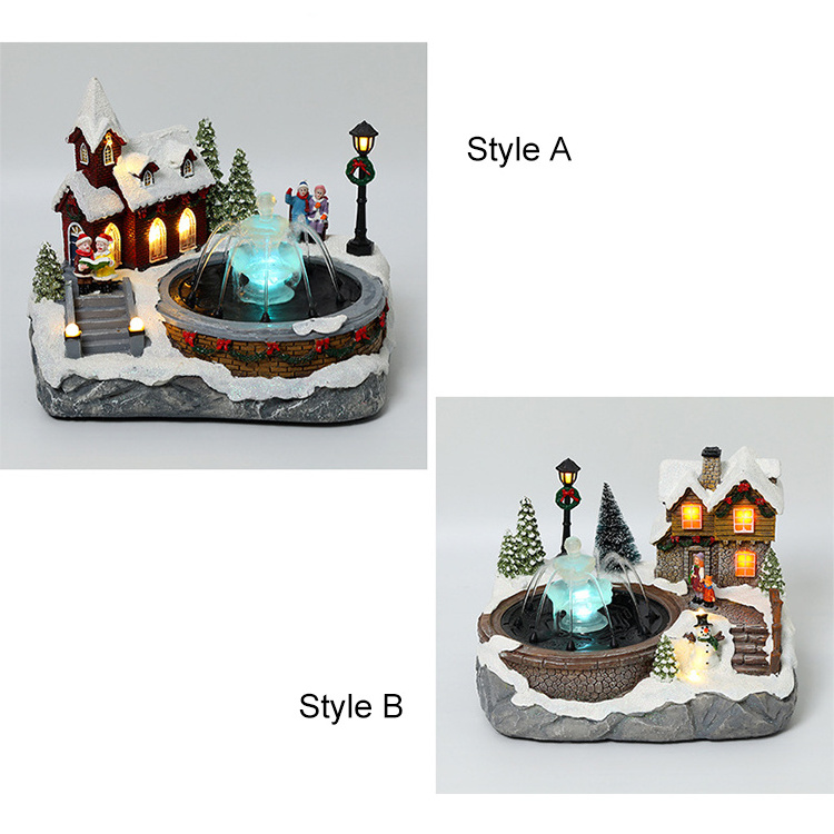 Wholesale music luminous fountain snow house resin miniature custom christmas village houses