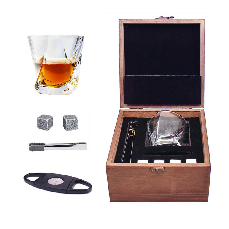 Whiskey glasses set with cigar pliers whiskey stone velvet in premium wooden box for wedding christmas luxury gift