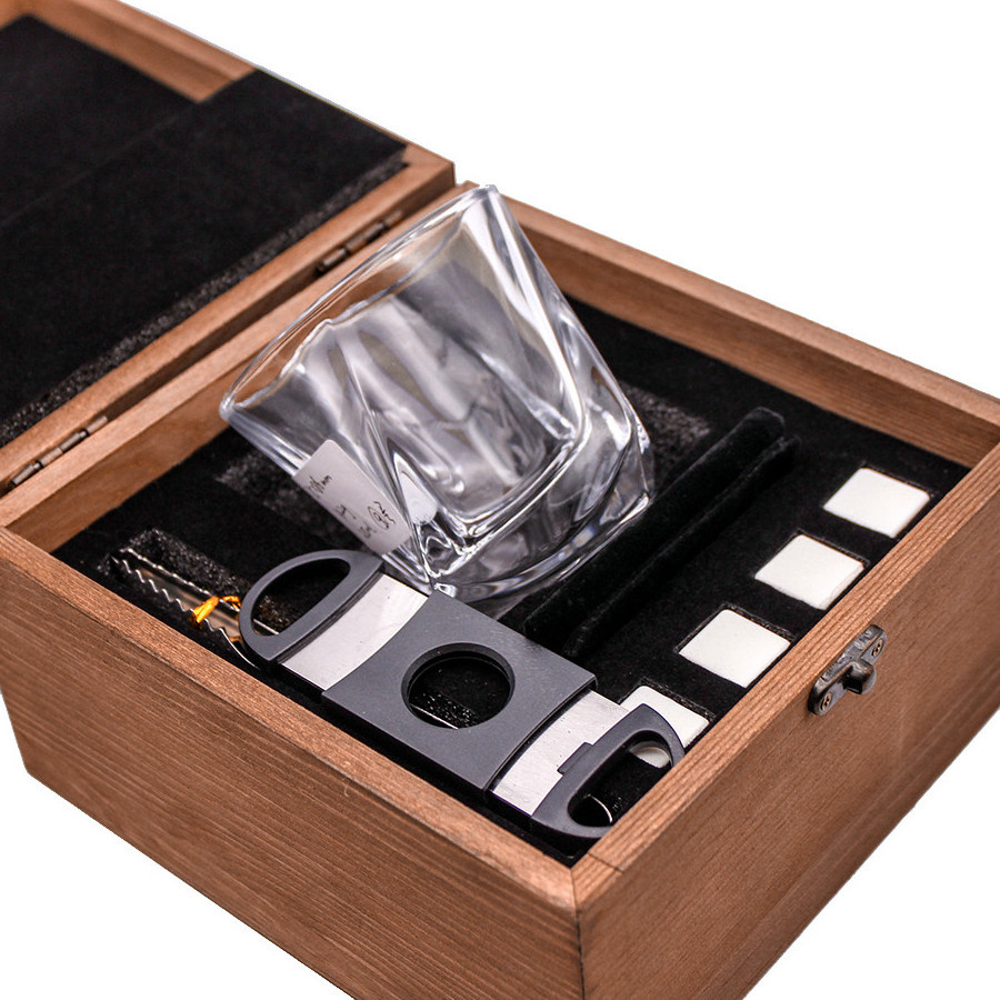 Whiskey glasses set with cigar pliers whiskey stone velvet in premium wooden box for wedding christmas luxury gift