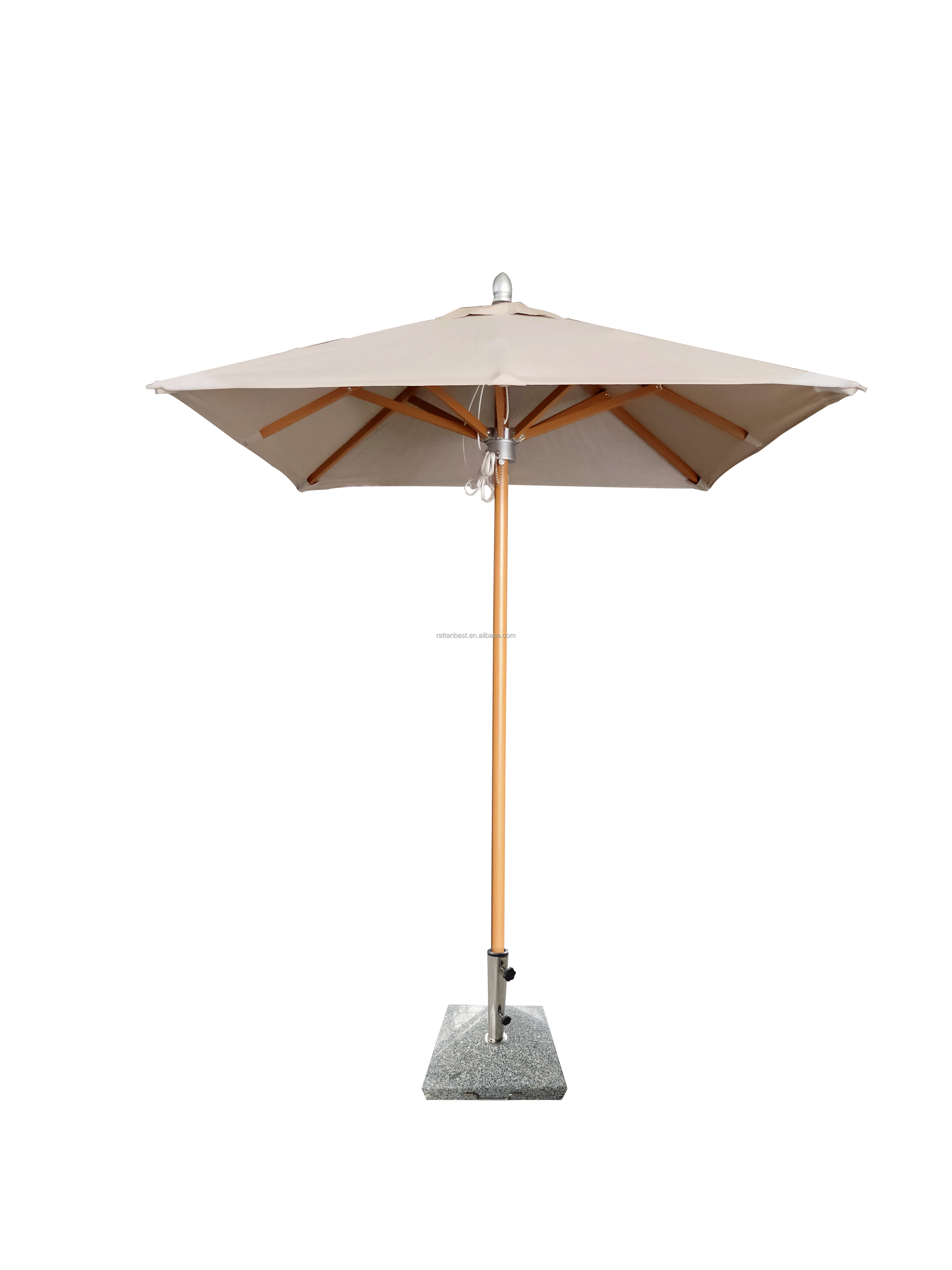 Patio outdoor 9 ft square center pole umbrellas wooden finish parasols with stone base