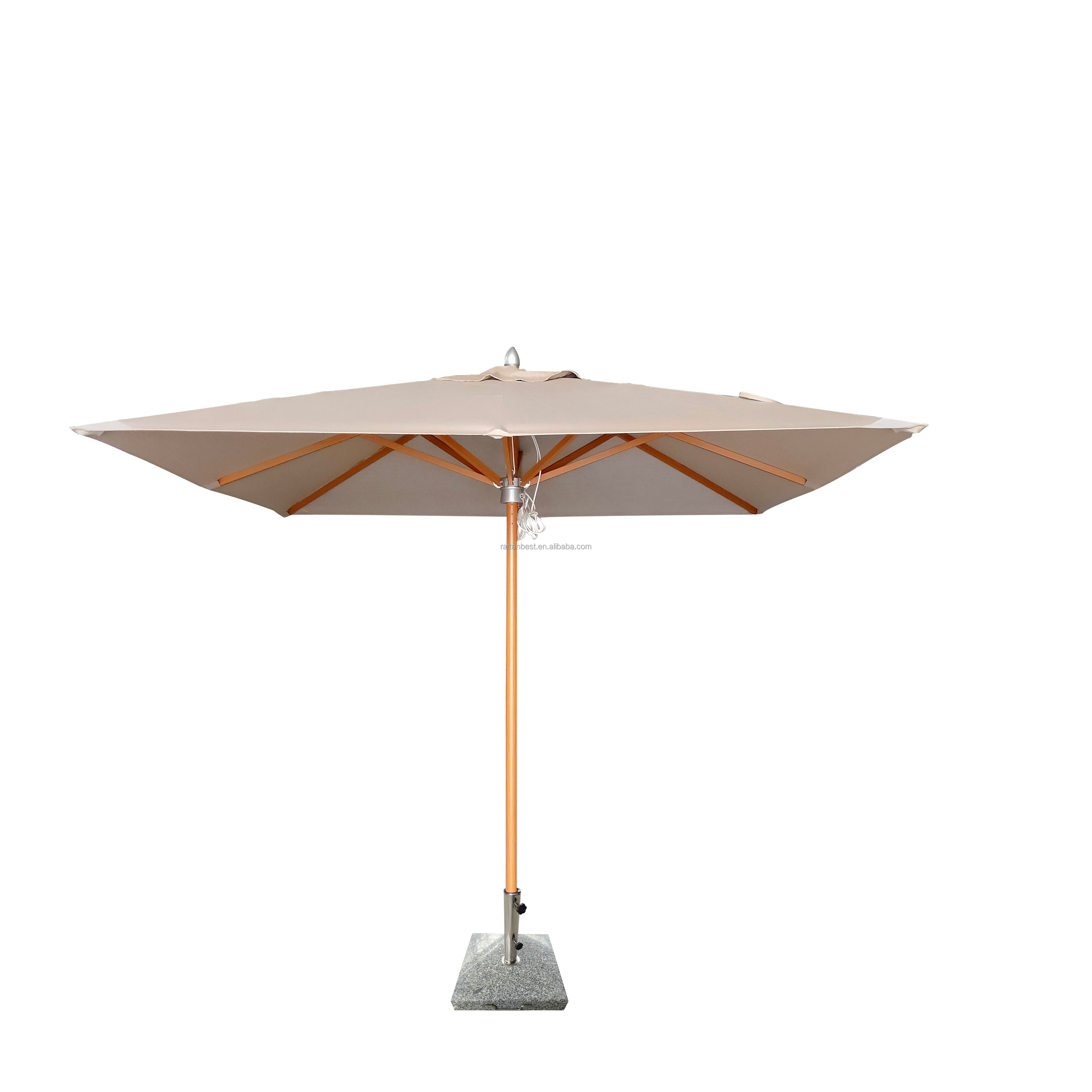 Patio outdoor 9 ft square center pole umbrellas wooden finish parasols with stone base