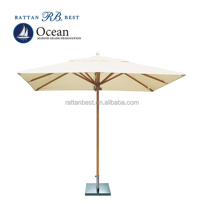 Patio outdoor 9 ft square center pole umbrellas wooden finish parasols with stone base