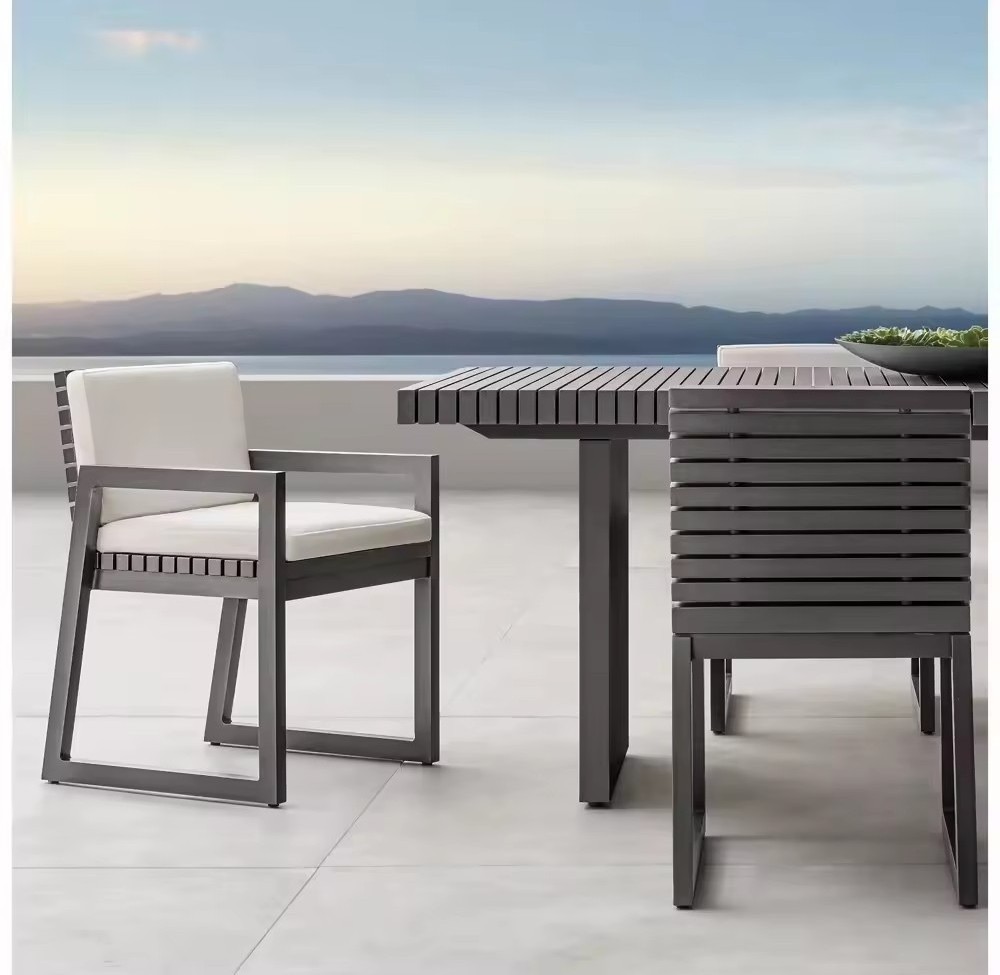 Hign End Modern Metal Outdoor Dining Chair Black Aluminum Patio Furniture Dining Arm Chair with Cushion