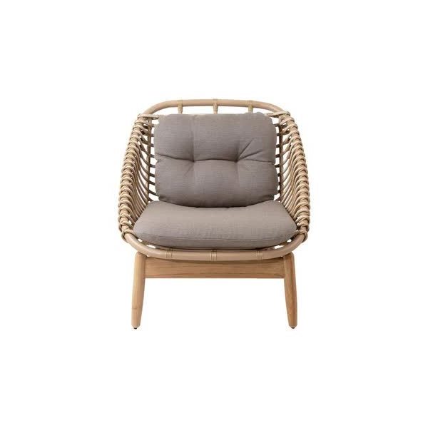 munsy lounge chairs made of rattan frame and solid teak wood leg frames with cushions for indoor and outdoor