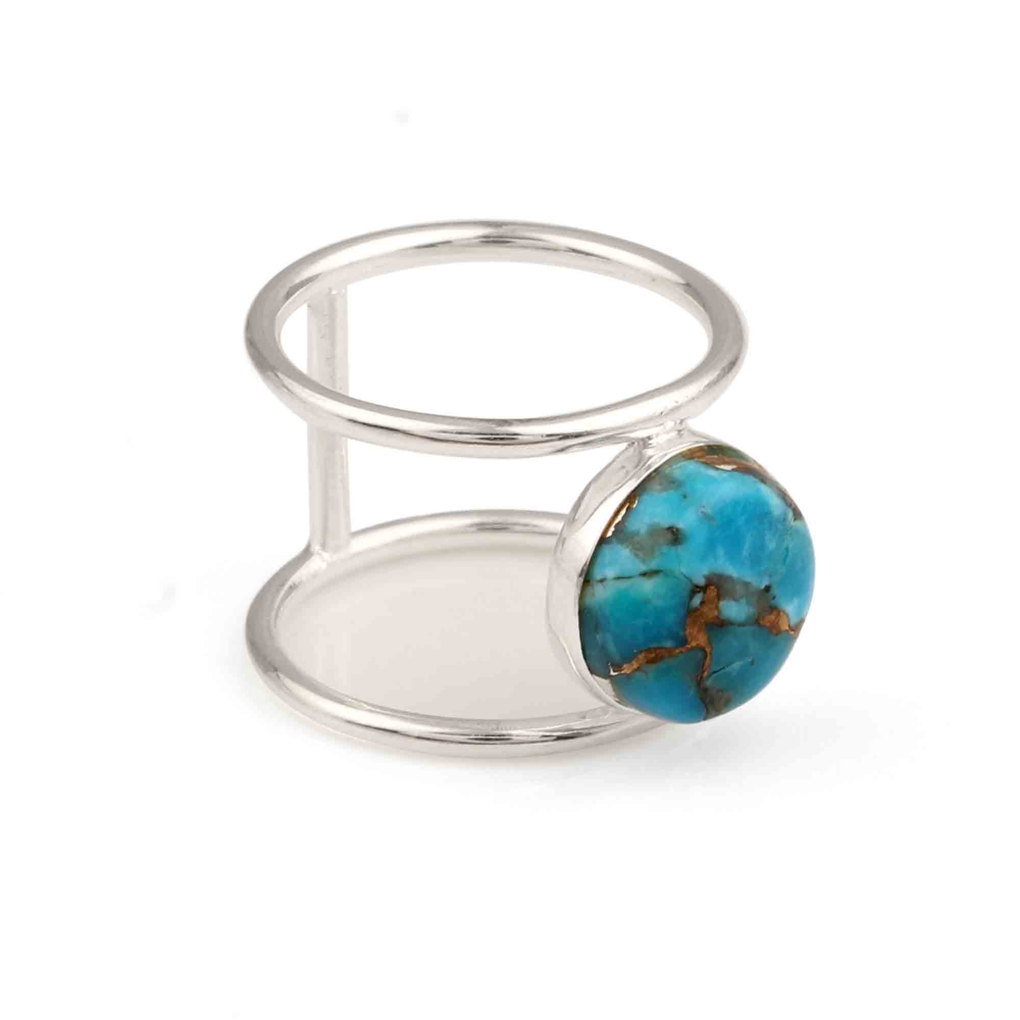 Natural Blue Copper Turquoise Gemstone Solid 925 Sterling Silver Rings Latest Customized Simple Double Band Design Wedding Gift