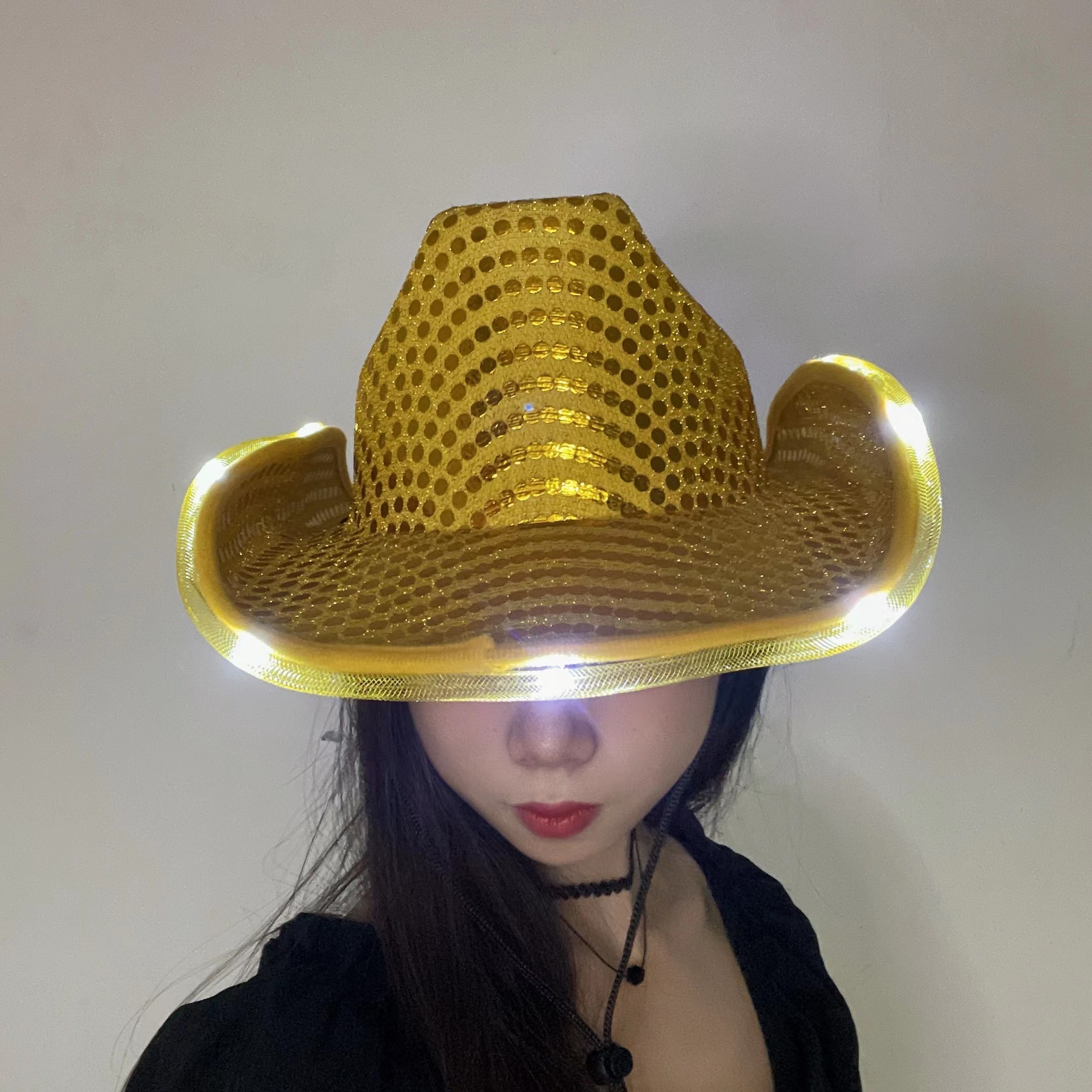 Factory Directly Wholesale LED Flashing Light Up Cowboy Hat with Sequins For Party Performance