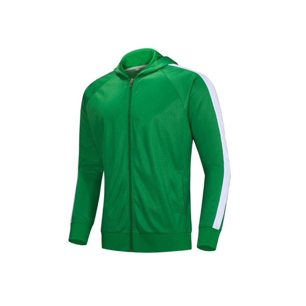 Custom Team Wear Zipper Tracksuit Green And White With Collar And Hood 100% Polyester Stripped Unisex