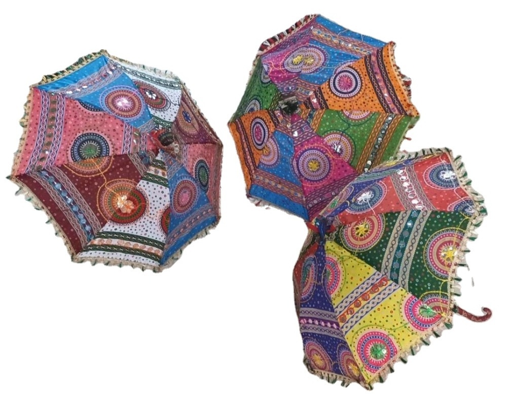 Indian Sun Umbrella Summer Gift Girls Fashion Umbrella  Mirror Work Indian Traditional Sunshine Handmade umbrella 41222J