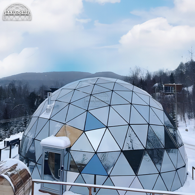 Glamping Geo Dome Glass Igloo Dome Tent with Mirror Hollow Tempered Glass in Winter