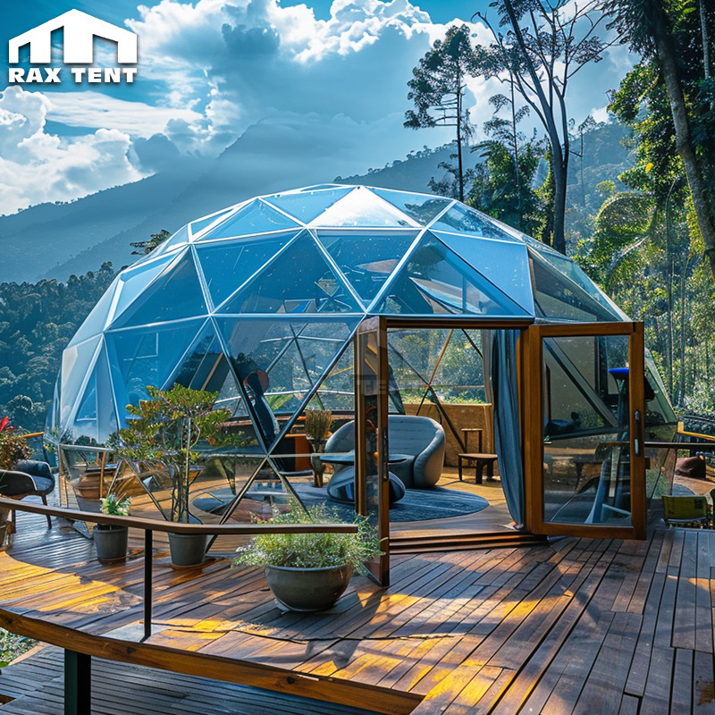 6M 7M 8M Geodesic Dome Glamping Glass House Tent Hotel with Blue Tempered Glass Wall