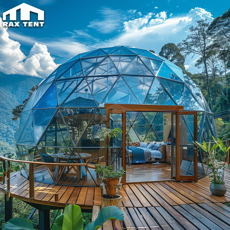 6M 7M 8M Geodesic Dome Glamping Glass House Tent Hotel with Blue Tempered Glass Wall