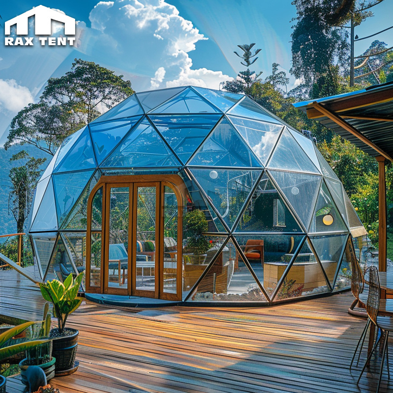 6M 7M 8M Geodesic Dome Glamping Glass House Tent Hotel with Blue Tempered Glass Wall