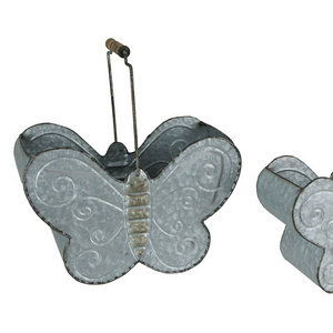 Wholesale metal Set of 2 Galvanized Zinc Finished Metal Butterfly wall planter pot with wooden handle for home and garden