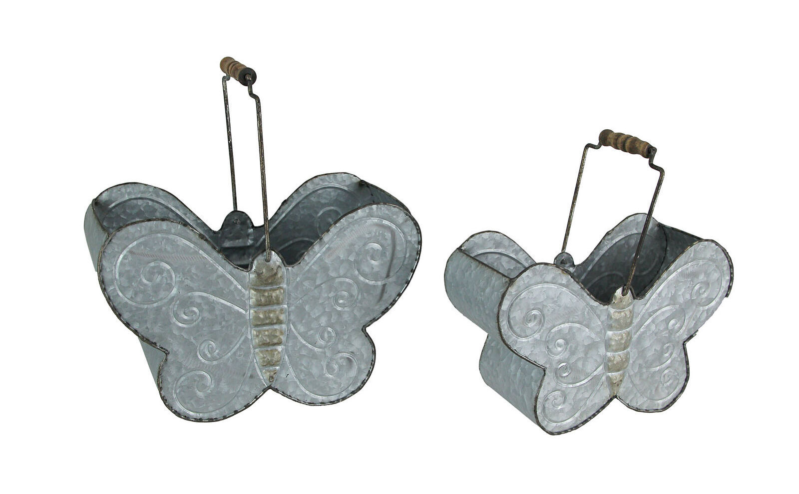 Wholesale metal Set of 2 Galvanized Zinc Finished Metal Butterfly wall planter pot with wooden handle for home and garden