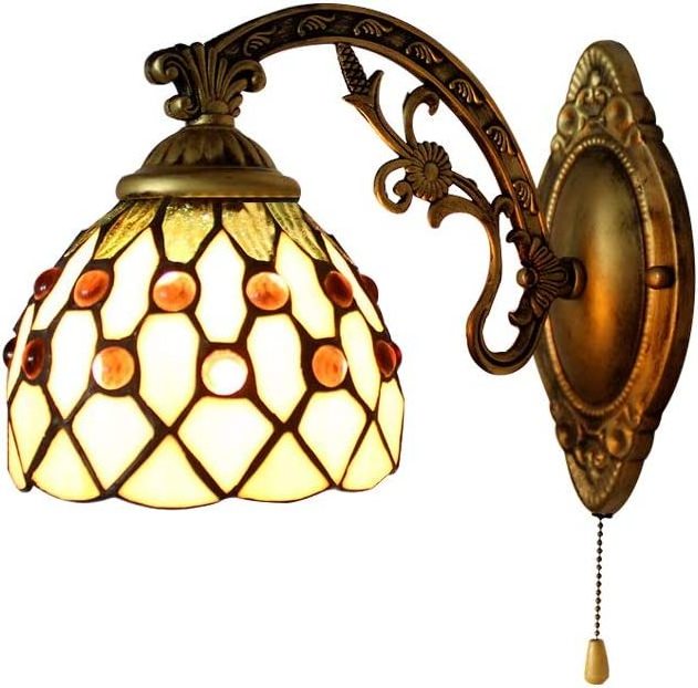 Wholesale stained glass wall light blue baroque stained glass one-light wall sconce with pull chain For home decor