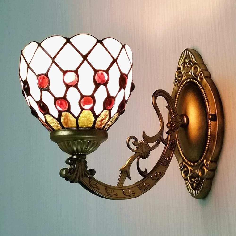 Wholesale stained glass wall light blue baroque stained glass one-light wall sconce with pull chain For home decor