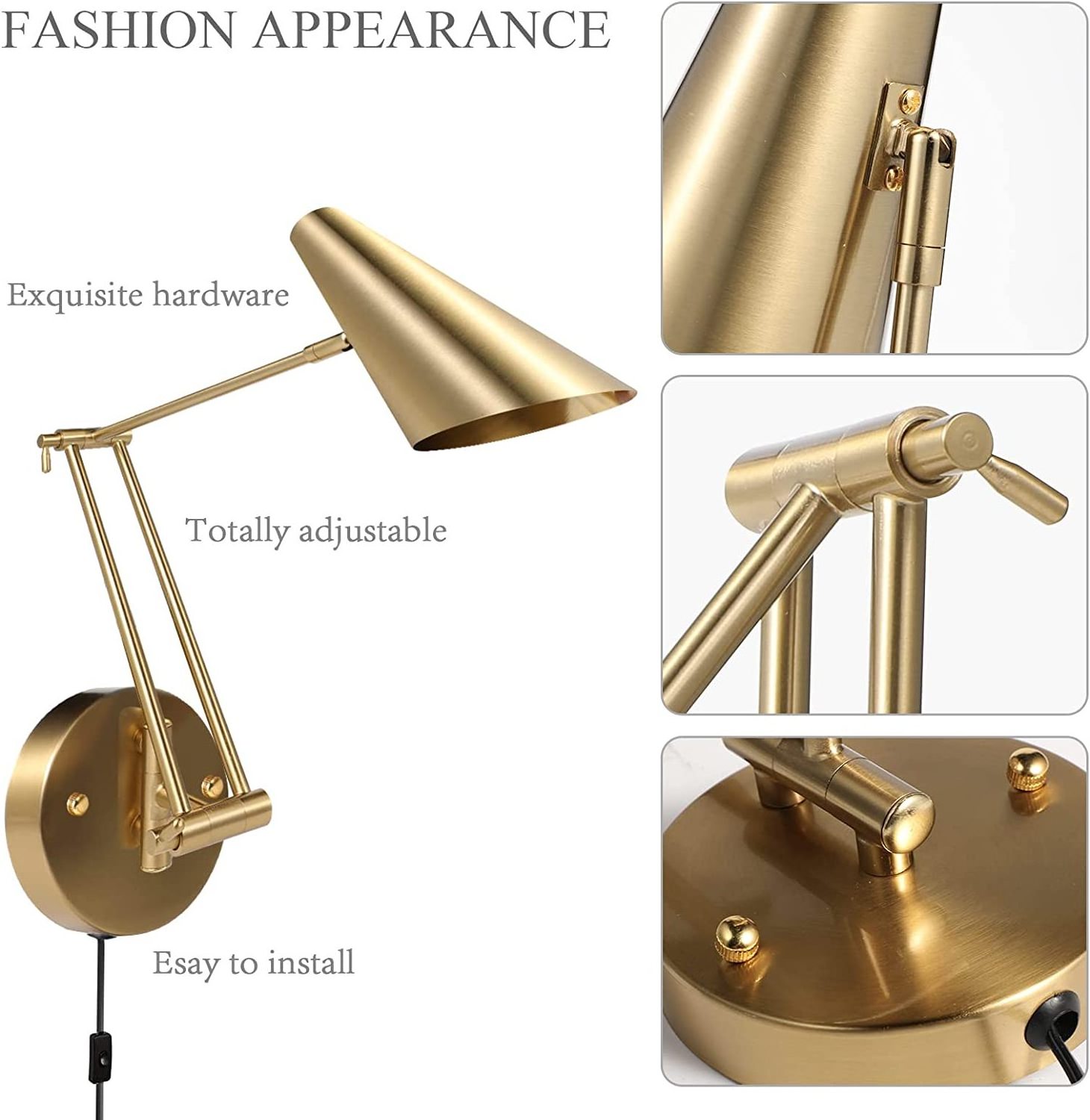 Manufacturer luxury design antique  brass wall sconces with plug in cord adjustable wall lights for bedroom fordable swing arm w