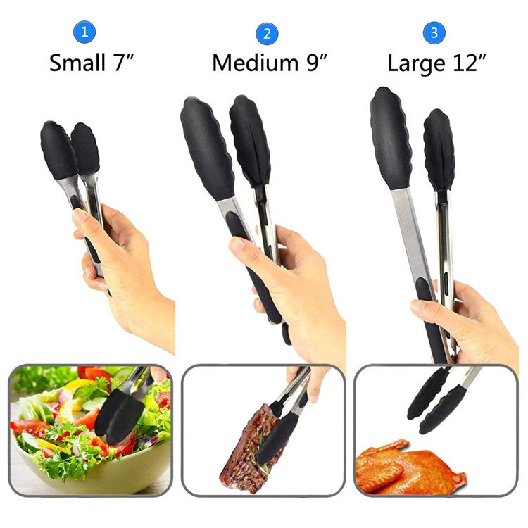 Custom Heat Resistant 3-Pack Stainless Steel Silicone Food Tongs Set for BBQ