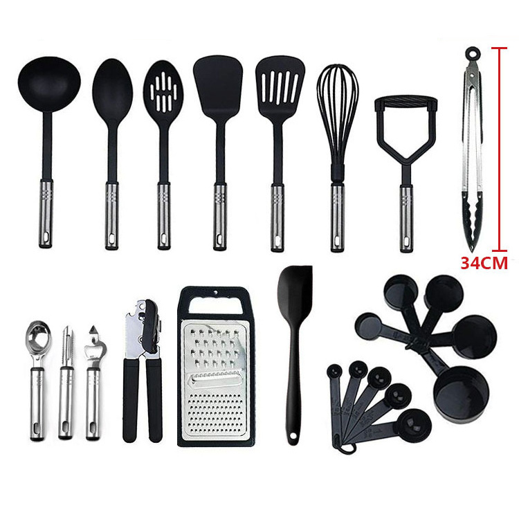 Custom Luxury 24 pieces nylon heat resistant non stick kitchen accessories stainless steel cookware set kitchen utensils