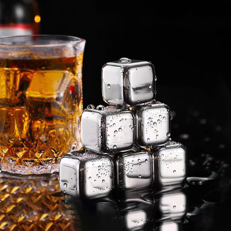 Reusable Metal Whisky Chilling Wine Ice Cubes 304 Stainless Steel Ice Cube Set Cooling Whiskey Stones Gift Set with Box