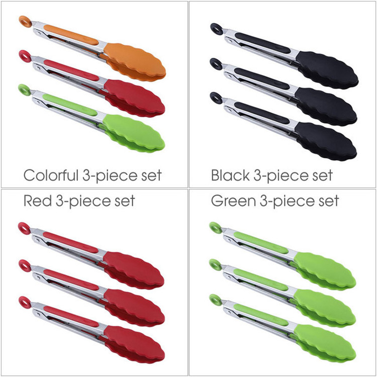 Custom Heat Resistant 3-Pack Stainless Steel Silicone Food Tongs Set for BBQ