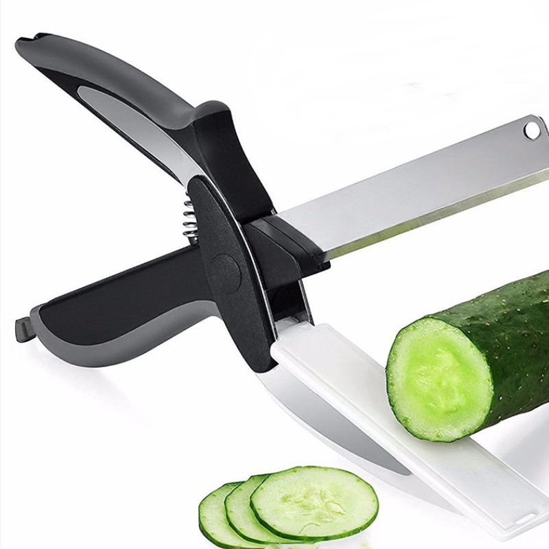 2024 New Convenient 2 In 1 Smart Kitchen Food Chopping Scissors Fruit Vegetable Slicer Scissor Cutting Board Scissors