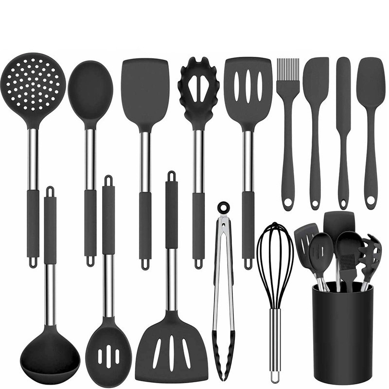 RAYBIN cheap 12 pcs dark grey Stainless steel handle laddle kitchen tools silicon cooking utensils set