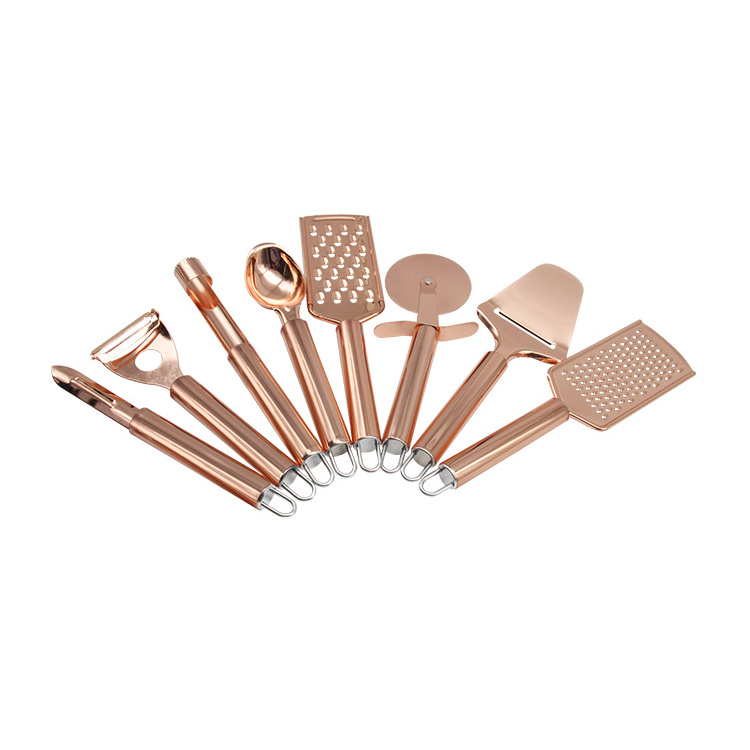 best sellers cooking tools rose gold kitchen gadget set with peeler, cheese grater, pizza cutter