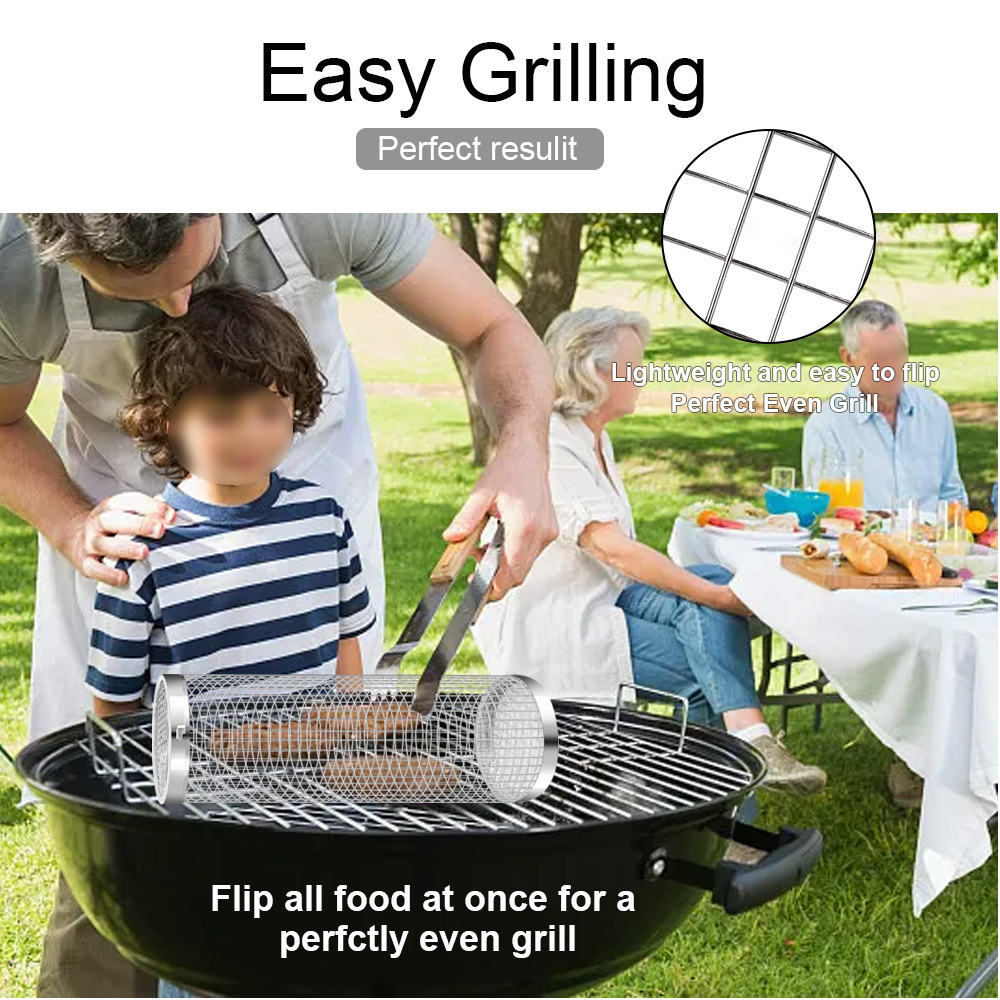 Round stainless steel metal net tube bbq barbecue basket cylinder rolling grilling basket