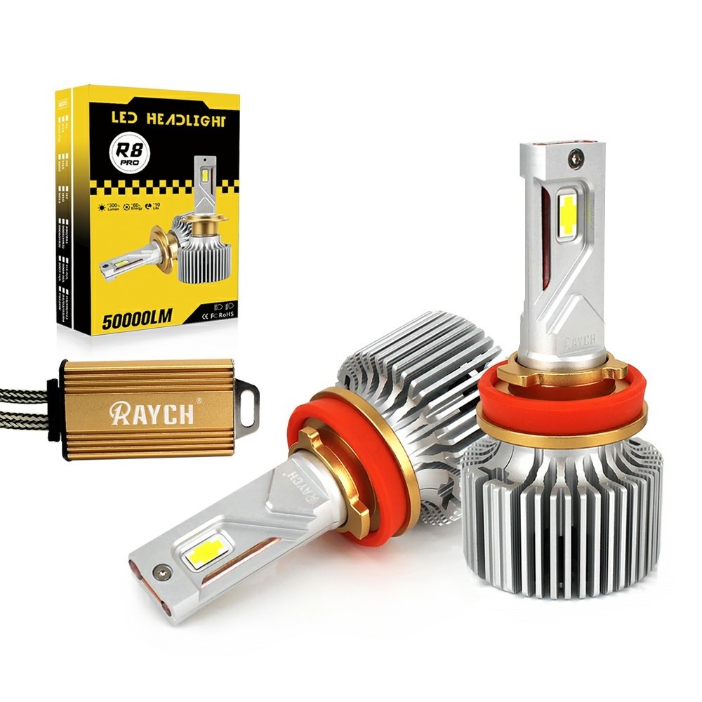 Raych R8 PRO LED Headlight Top CSP chips Bulb 300W 50000LM Super Bright 6000K H11 Hi Lo Beam H8 Canbus Decoder Silent Fans