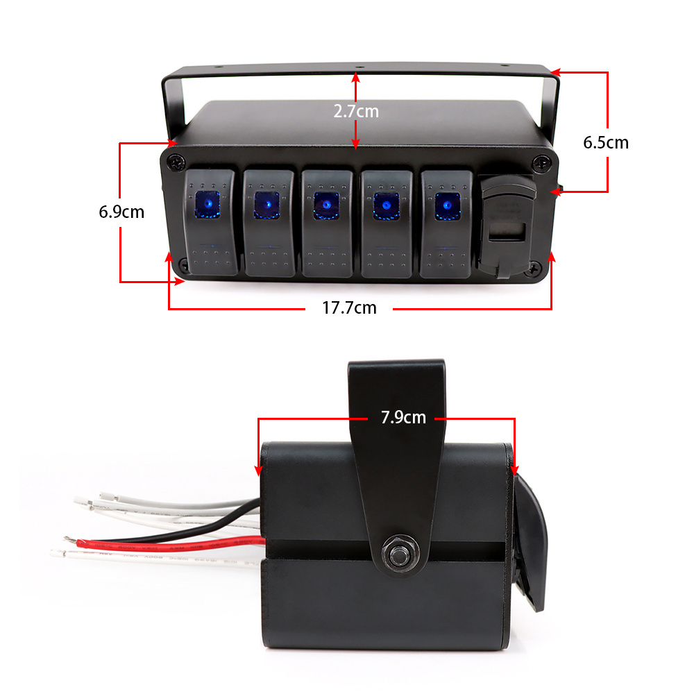 5 Gang Panel Switch 12V Marine Rocker Switch Box LED Aluminum Holder Automotive Switches for Car Boat RV Truck