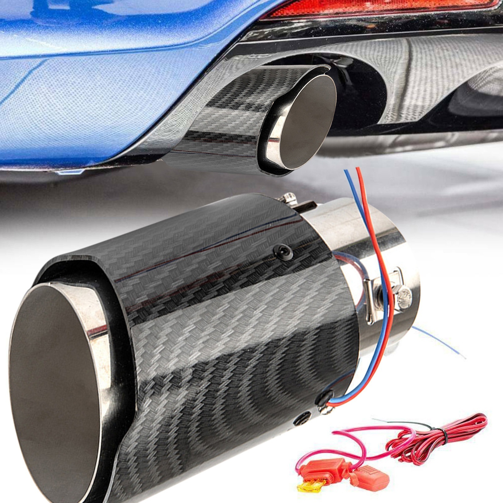 RAYCH new Carbon Fiber Refit Single Outlet Straight Throat Flamas Silencer Red Blue Light Led Muffler Exhaust Pipe Tail Tip