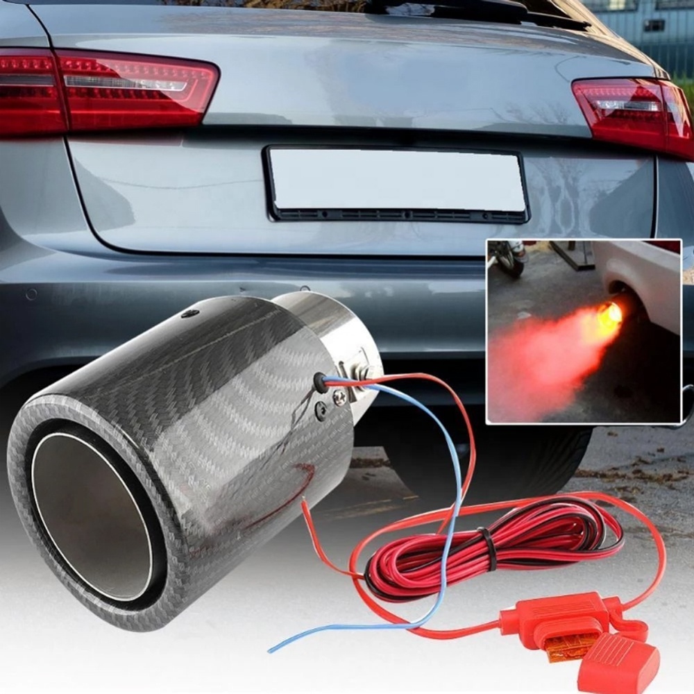 RAYCH new Carbon Fiber Refit Single Outlet Straight Throat Flamas Silencer Red Blue Light Led Muffler Exhaust Pipe Tail Tip