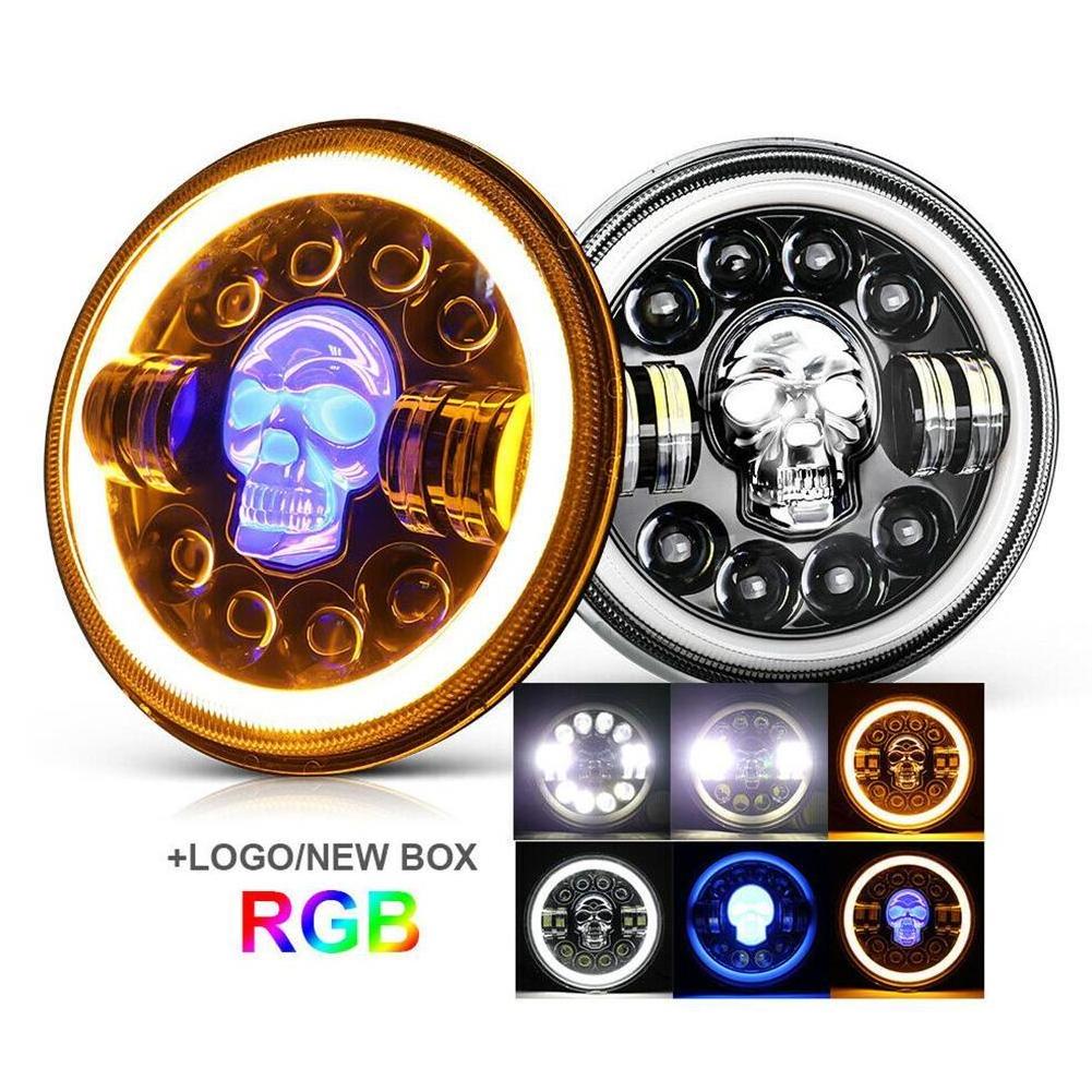 7 Inch LED Car Motorcycle Headlight Bulbs RGB Skull Light Halo Headlight Angel Eye Ring DRL H4 LED Light Hi/Lo Beam For Offroad