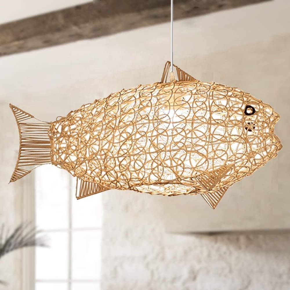 Fish-Shaped Lantern Pendant Lighting Rattan Light fixture 24inch Weaving Natural Bamboo Ceiling Light for Dining Room Restaurant