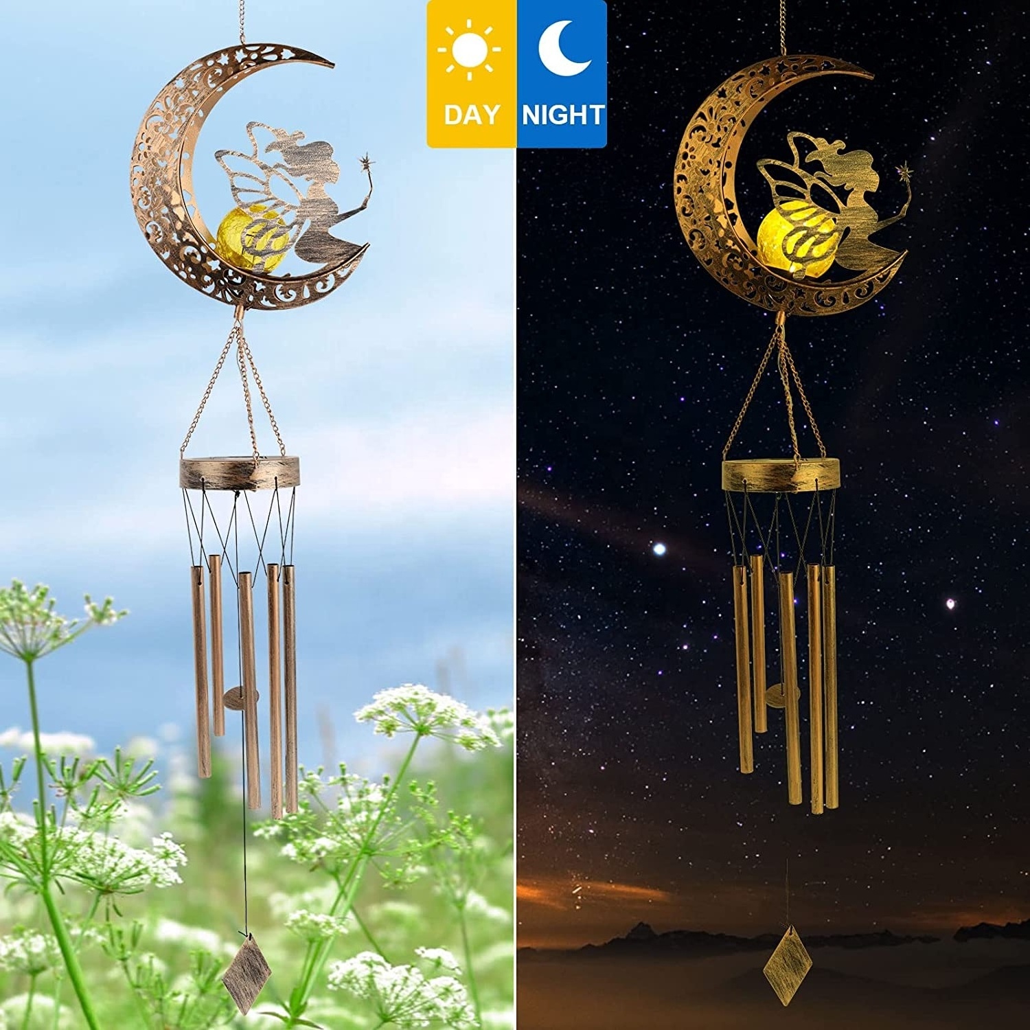 Solar Wind Chimes with Sun Moon Star Solar Powered Wind Chimes Warm LED Windchimes Hanging Outdoor Lights