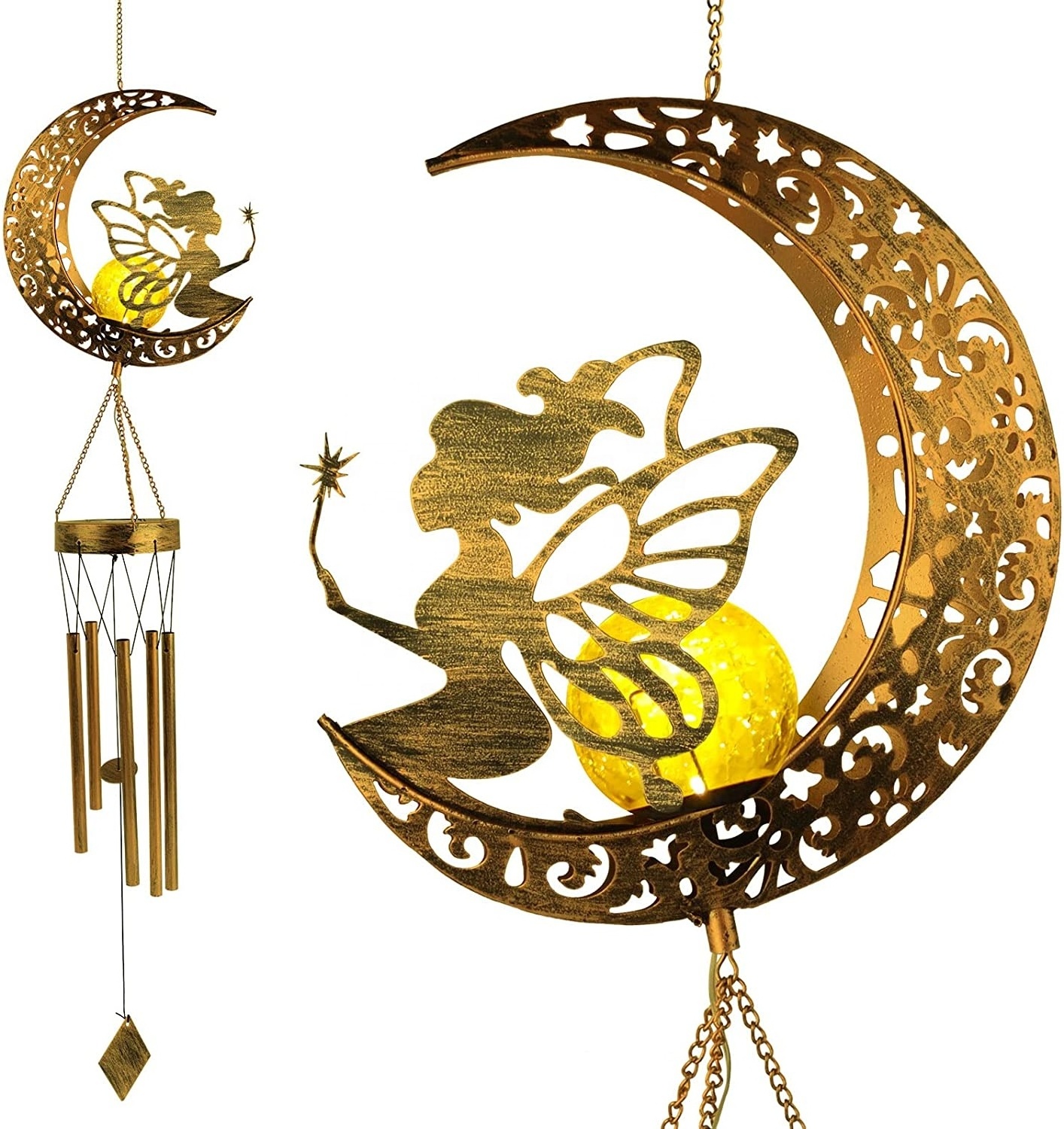 Solar Wind Chimes with Sun Moon Star Solar Powered Wind Chimes Warm LED Windchimes Hanging Outdoor Lights