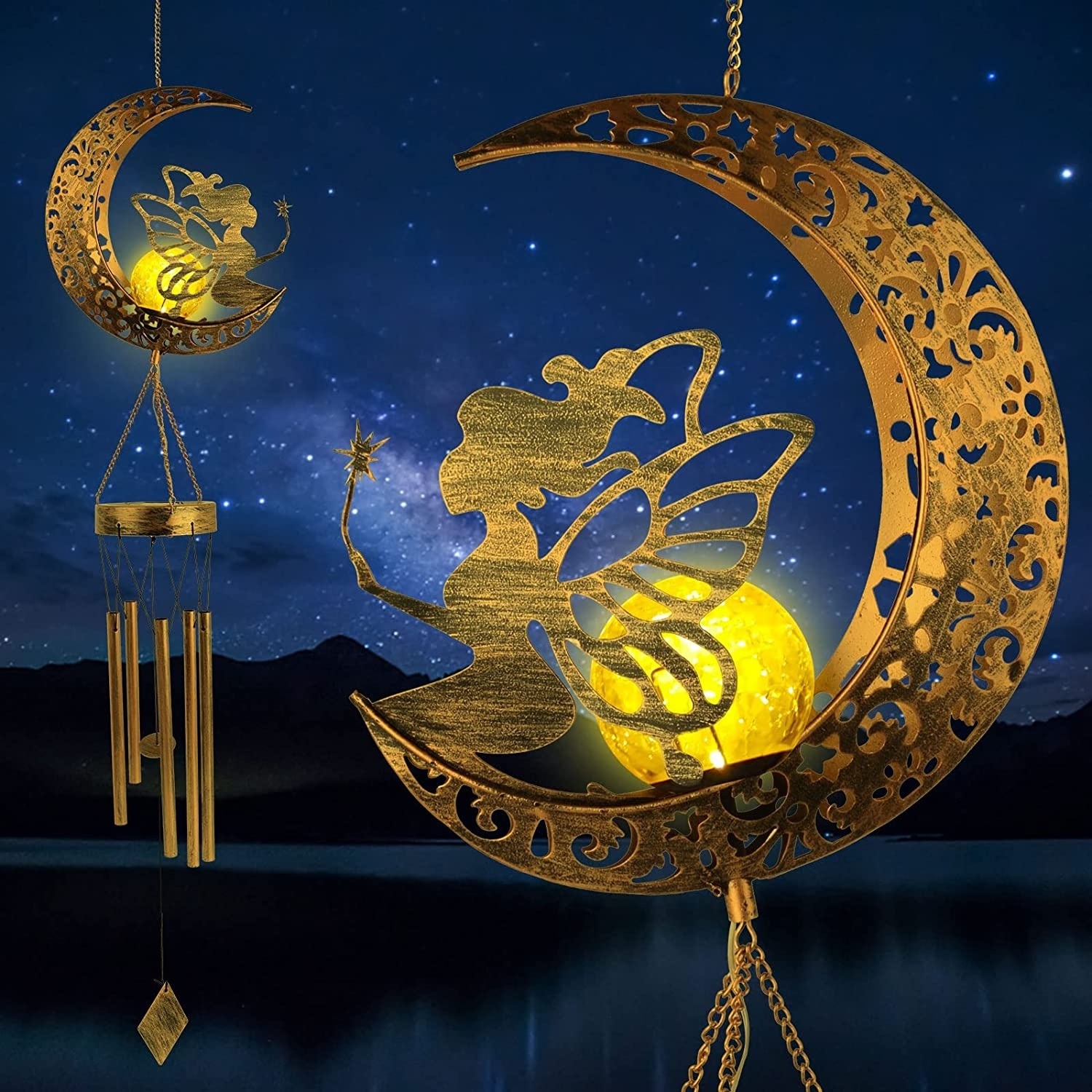 Solar Wind Chimes with Sun Moon Star Solar Powered Wind Chimes Warm LED Windchimes Hanging Outdoor Lights