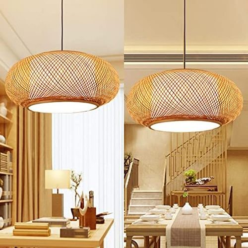 Rattan Pendant Lighting Fixture Handmade Weaving Natural Bamboo Ceiling Hanging Light with Adjustable Cord for Dining Room