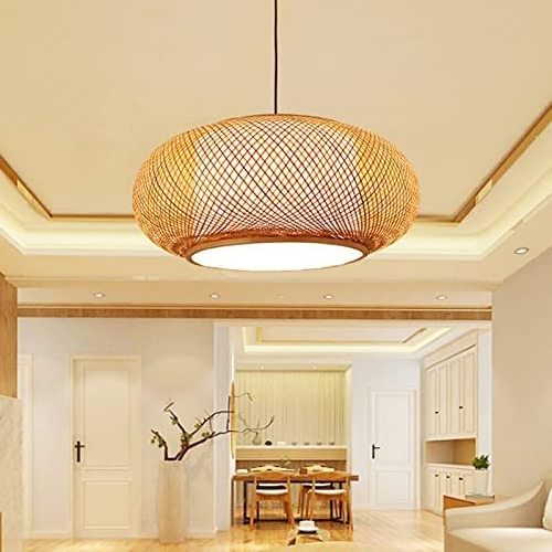 Rattan Pendant Lighting Fixture Handmade Weaving Natural Bamboo Ceiling Hanging Light with Adjustable Cord for Dining Room