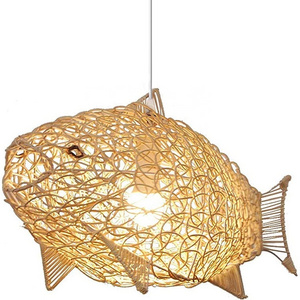 Fish-Shaped Lantern Pendant Lighting Rattan Light fixture 24inch Weaving Natural Bamboo Ceiling Light for Dining Room Restaurant