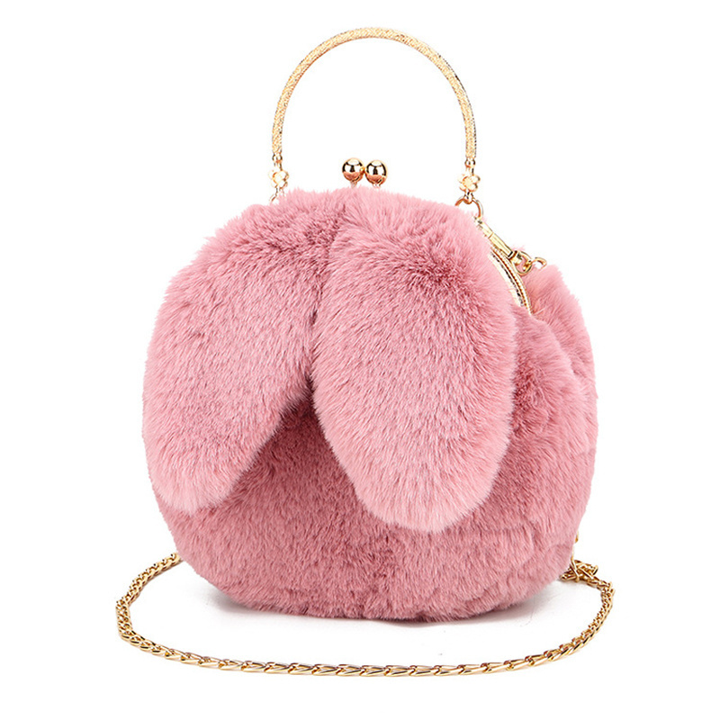 New Arrival Faux Fur Plush Cosmetic Bag Fashion Style Rabbit Ears Cute Handbag for Girls Daily Use with High Quality Chain