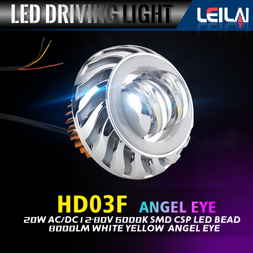 LED Driving Light with Angel Eyes Devil Eyes 20W motorcycle headlight 12-80V motorcycle bulb