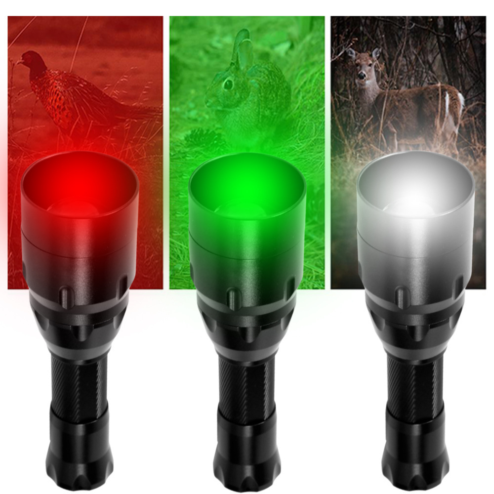 Zoom white green red light flashlight outdoor hunting LED flashlight with three lamp holders