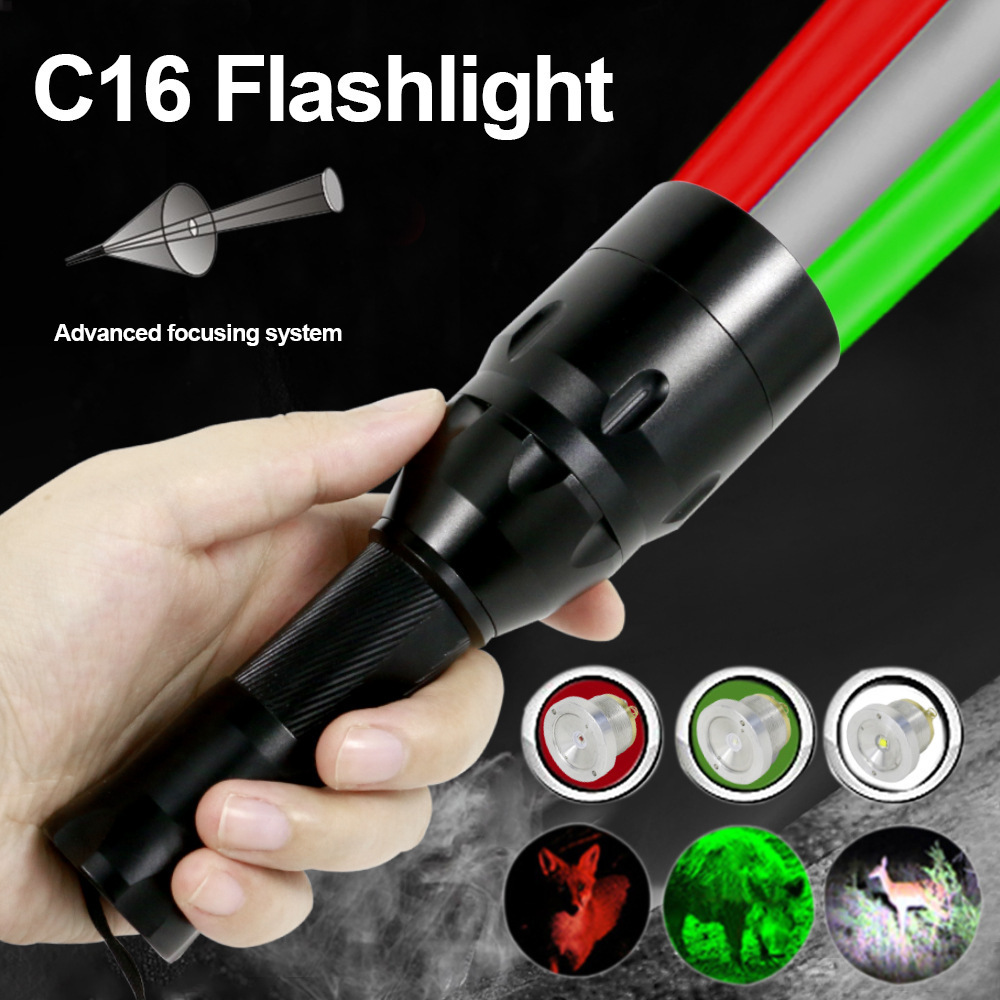 Zoom white green red light flashlight outdoor hunting LED flashlight with three lamp holders