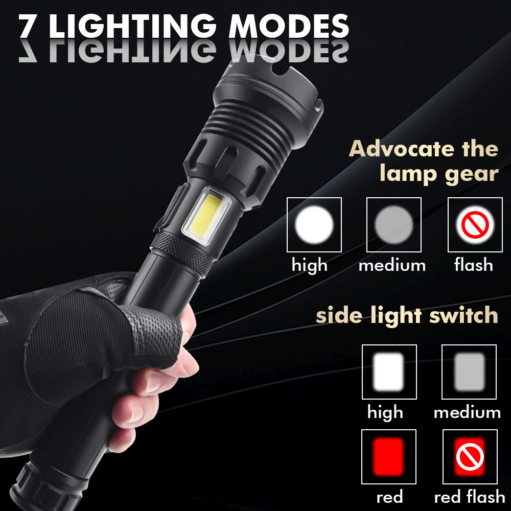 XHP90 Zoom Flashlight Upgrade Type-C USB Charging belt output XHP90+COB Strong light XHP90 Tactical Light  Zoom Camp Torch