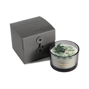 Luxury Fragrance Black Glass Jar Scented Natural Crystal Stone Candle with Button Package Box