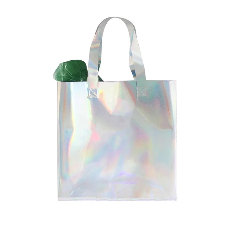 design fashionable custom logo Beach Bag laser holographic iridescent waterproof Neon Plastic PVC shopping tote bag