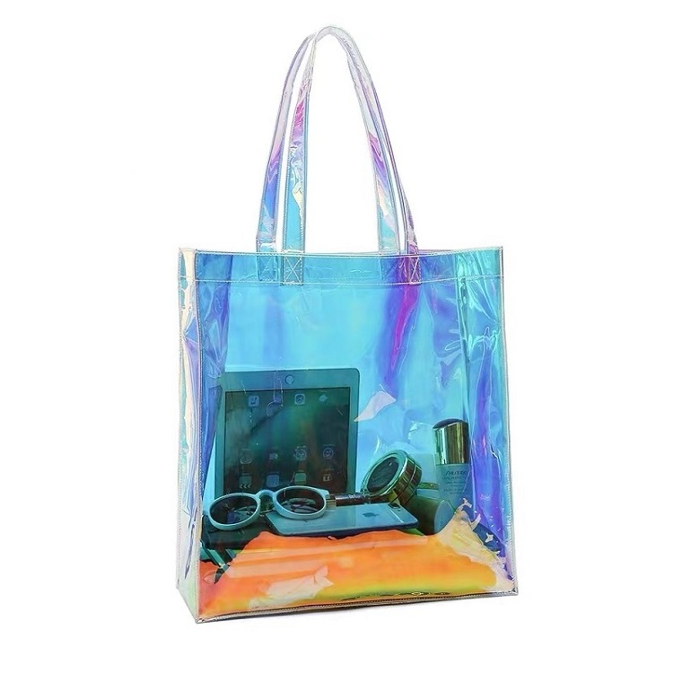 design fashionable custom logo Beach Bag laser holographic iridescent waterproof Neon Plastic PVC shopping tote bag